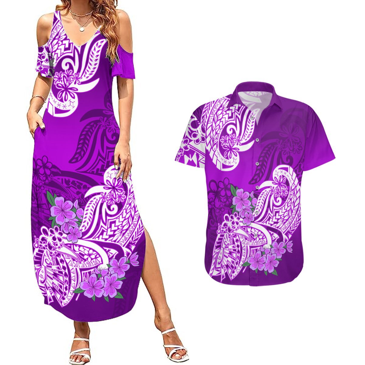 Polynesian Couples Matching Summer Maxi Dress and Hawaiian Shirt Pacific Flower Mix Floral Tribal Tattoo Purple Vibe LT9 Purple - Polynesian Pride