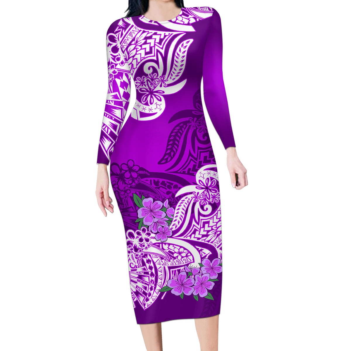 Polynesian Long Sleeve Bodycon Dress Pacific Flower Mix Floral Tribal Tattoo Purple Vibe LT9 Long Dress Purple - Polynesian Pride