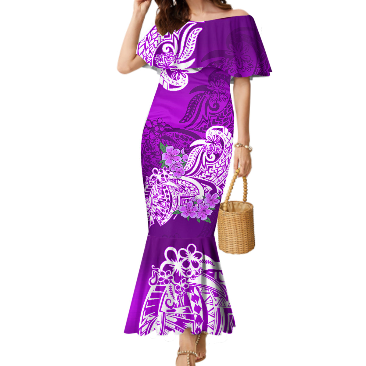Polynesian Mermaid Dress Pacific Flower Mix Floral Tribal Tattoo Purple Vibe LT9 Women Purple - Polynesian Pride