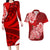 Polynesian Couples Matching Long Sleeve Bodycon Dress and Hawaiian Shirt Pacific Flower Mix Floral Tribal Tattoo Red Vibe LT9 Red - Polynesian Pride