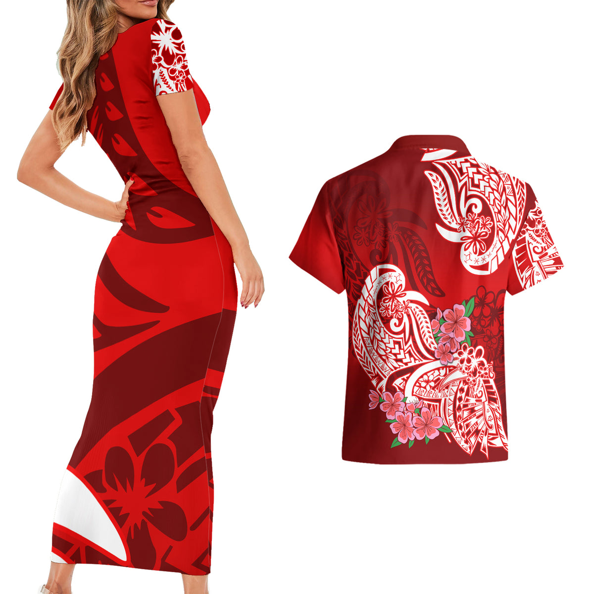 Polynesian Couples Matching Short Sleeve Bodycon Dress and Hawaiian Shirt Pacific Flower Mix Floral Tribal Tattoo Red Vibe LT9 - Polynesian Pride