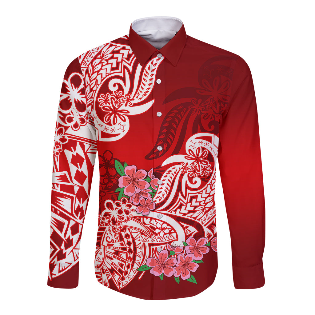 Polynesian Long Sleeve Button Shirt Pacific Flower Mix Floral Tribal Tattoo Red Vibe LT9 Unisex Red - Polynesian Pride