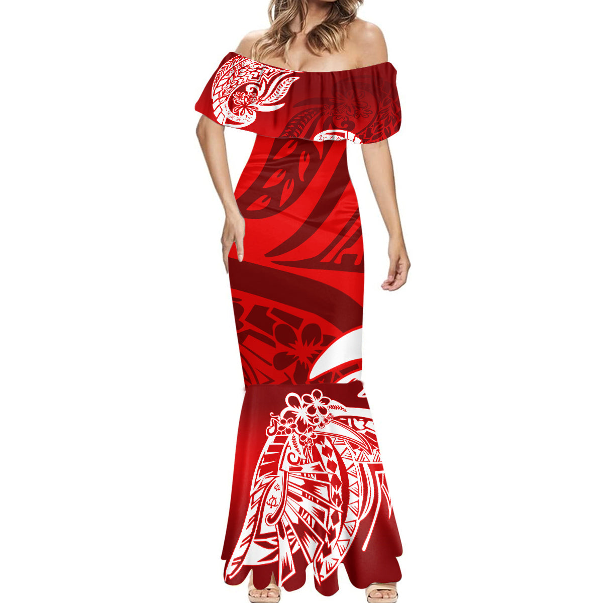 Polynesian Mermaid Dress Pacific Flower Mix Floral Tribal Tattoo Red Vibe LT9 - Polynesian Pride