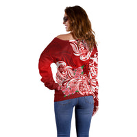 Polynesian Off Shoulder Sweater Pacific Flower Mix Floral Tribal Tattoo Red Vibe LT9 - Polynesian Pride
