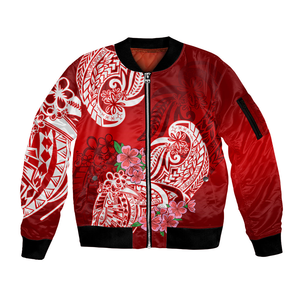 Polynesian Sleeve Zip Bomber Jacket Pacific Flower Mix Floral Tribal Tattoo Red Vibe LT9 Unisex Red - Polynesian Pride