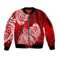 Polynesian Sleeve Zip Bomber Jacket Pacific Flower Mix Floral Tribal Tattoo Red Vibe LT9 Unisex Red - Polynesian Pride