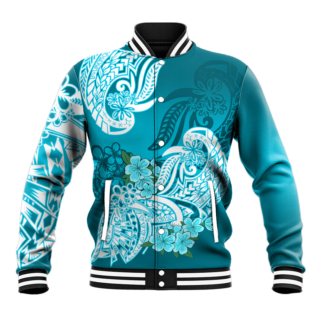 Polynesian Baseball Jacket Pacific Flower Mix Floral Tribal Tattoo Aqua Vibe LT9 Unisex Aqua - Polynesian Pride