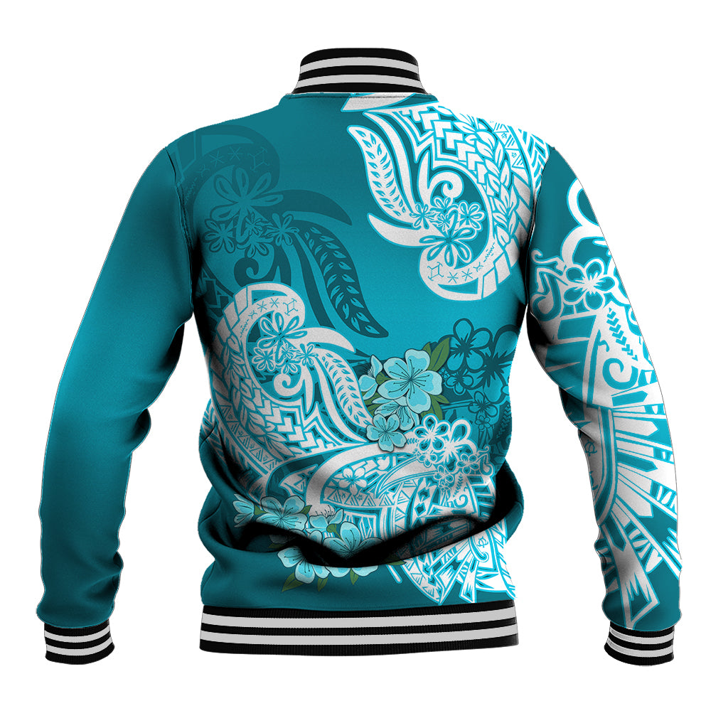 Polynesian Baseball Jacket Pacific Flower Mix Floral Tribal Tattoo Aqua Vibe LT9 - Polynesian Pride