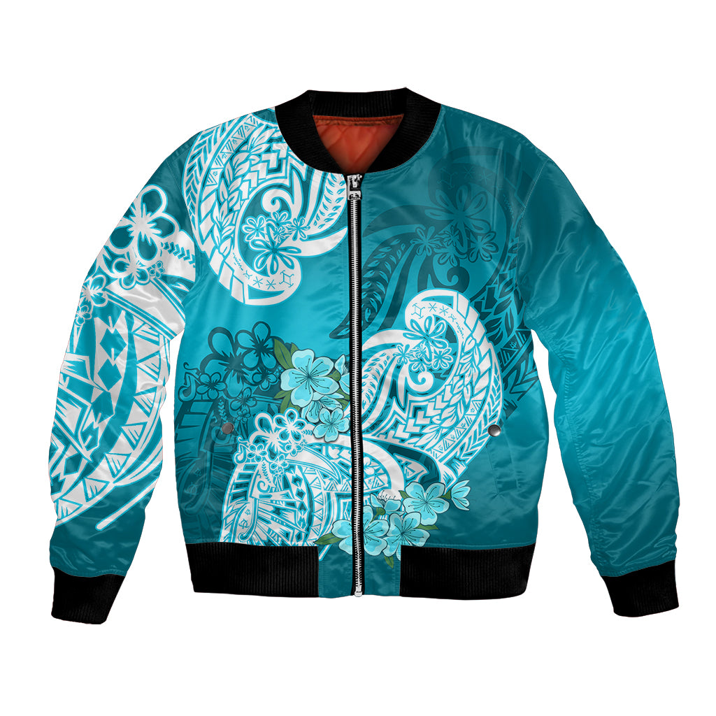 Polynesian Bomber Jacket Pacific Flower Mix Floral Tribal Tattoo Aqua Vibe LT9 Unisex Aqua - Polynesian Pride