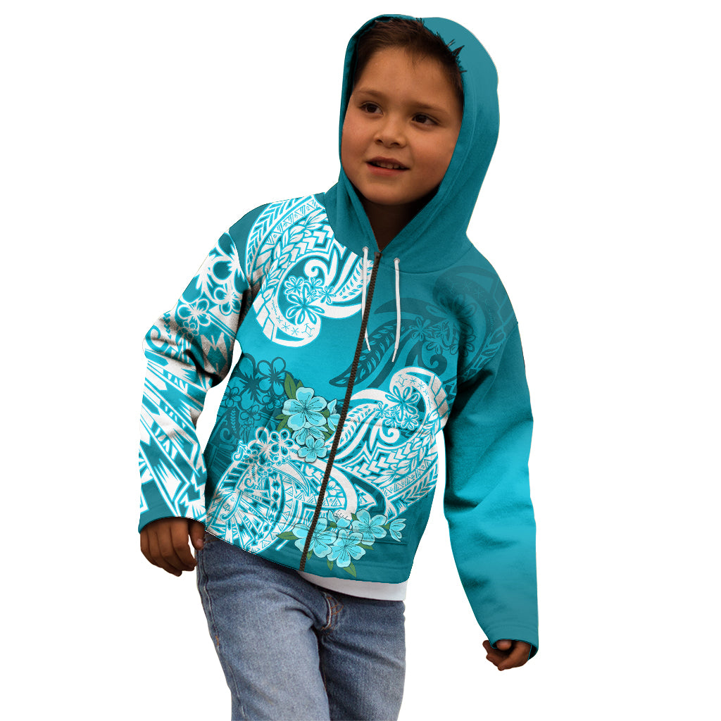 Polynesian Kid Hoodie Pacific Flower Mix Floral Tribal Tattoo Aqua Vibe LT9 - Polynesian Pride