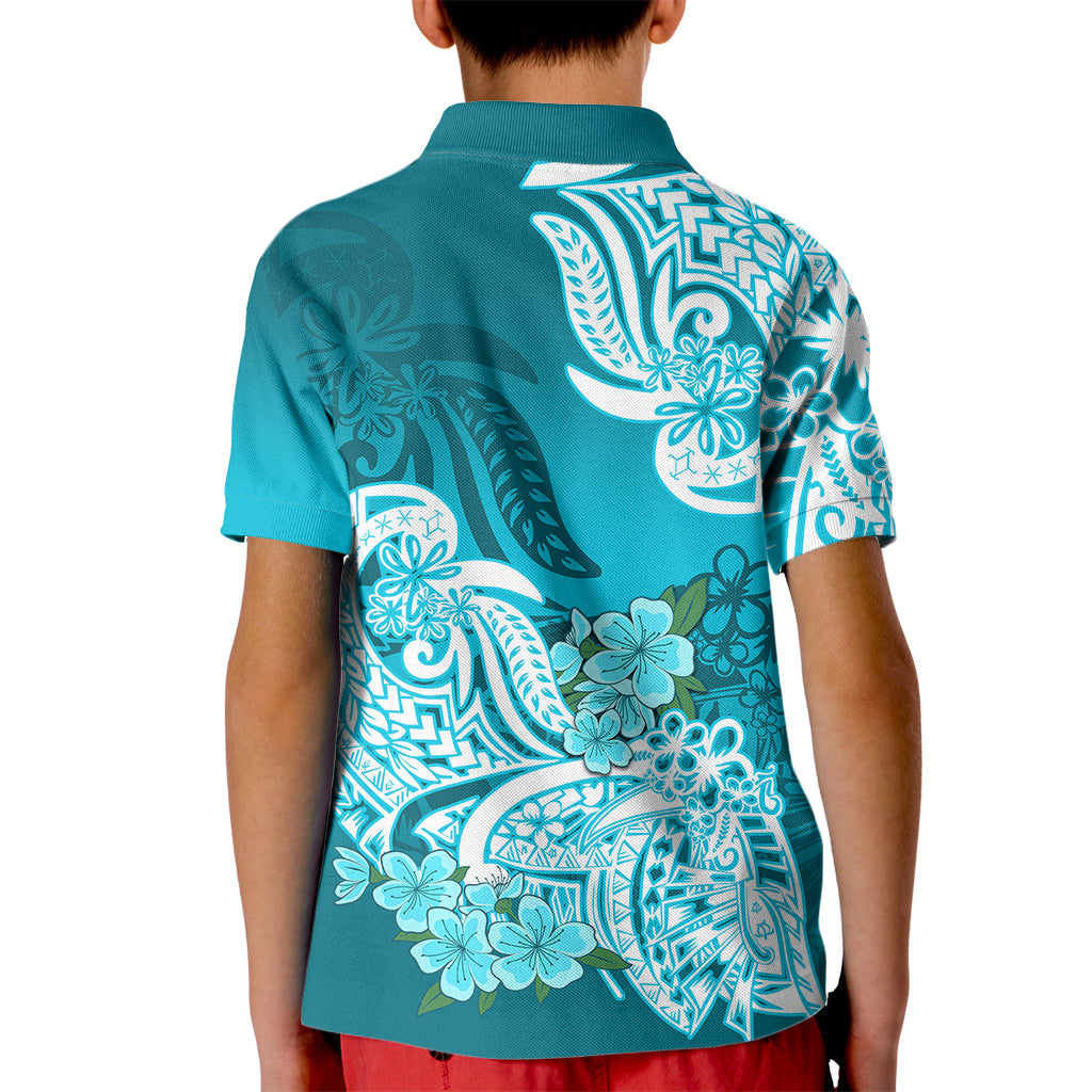 Polynesian Kid Polo Shirt Pacific Flower Mix Floral Tribal Tattoo Aqua Vibe LT9 - Polynesian Pride