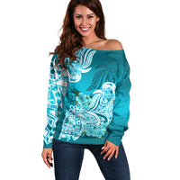 Polynesian Off Shoulder Sweater Pacific Flower Mix Floral Tribal Tattoo Aqua Vibe LT9 Women Aqua - Polynesian Pride
