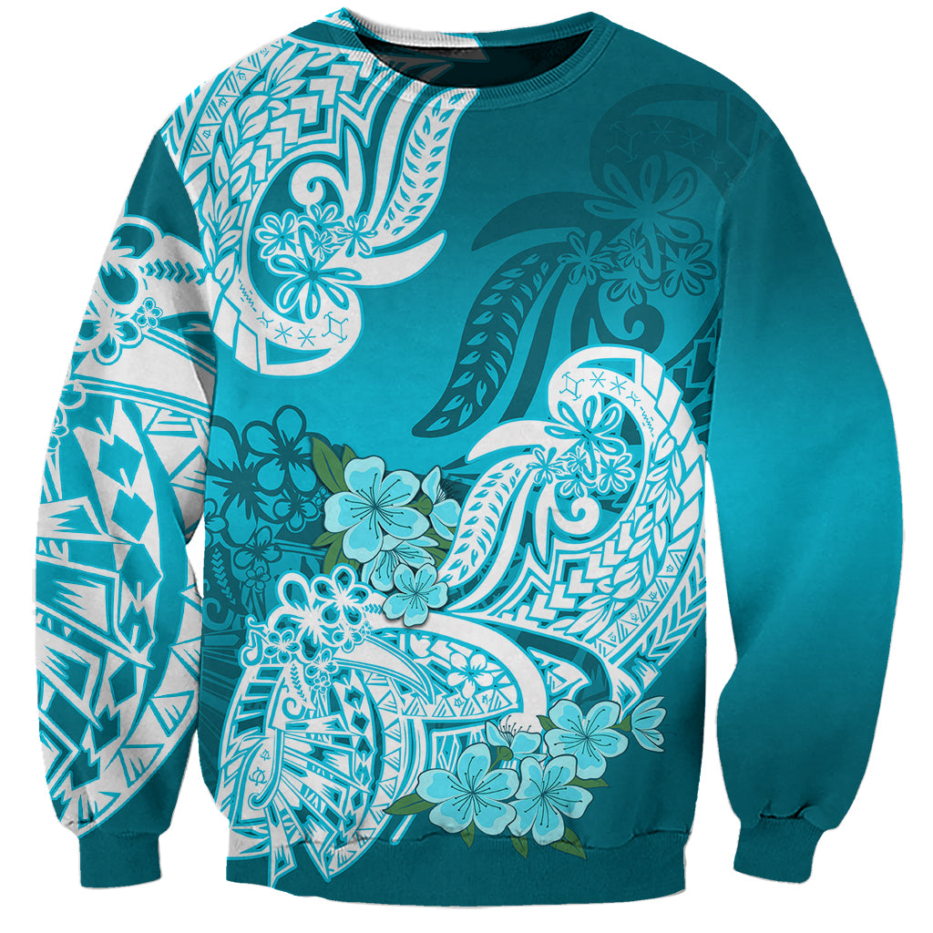 Polynesian Sweatshirt Pacific Flower Mix Floral Tribal Tattoo Aqua Vibe LT9 Unisex Aqua - Polynesian Pride
