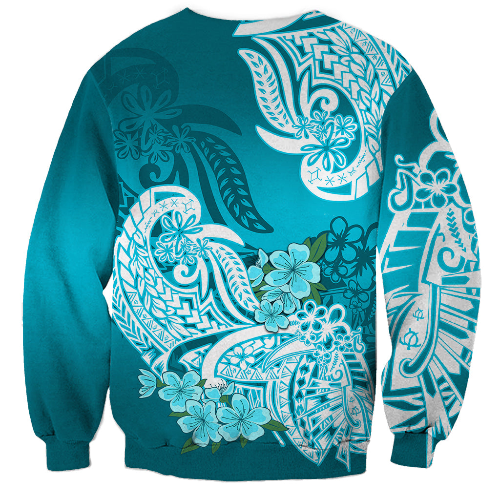 Polynesian Sweatshirt Pacific Flower Mix Floral Tribal Tattoo Aqua Vibe LT9 - Polynesian Pride