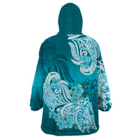 Polynesian Wearable Blanket Hoodie Pacific Flower Mix Floral Tribal Tattoo Aqua Vibe LT9 - Polynesian Pride