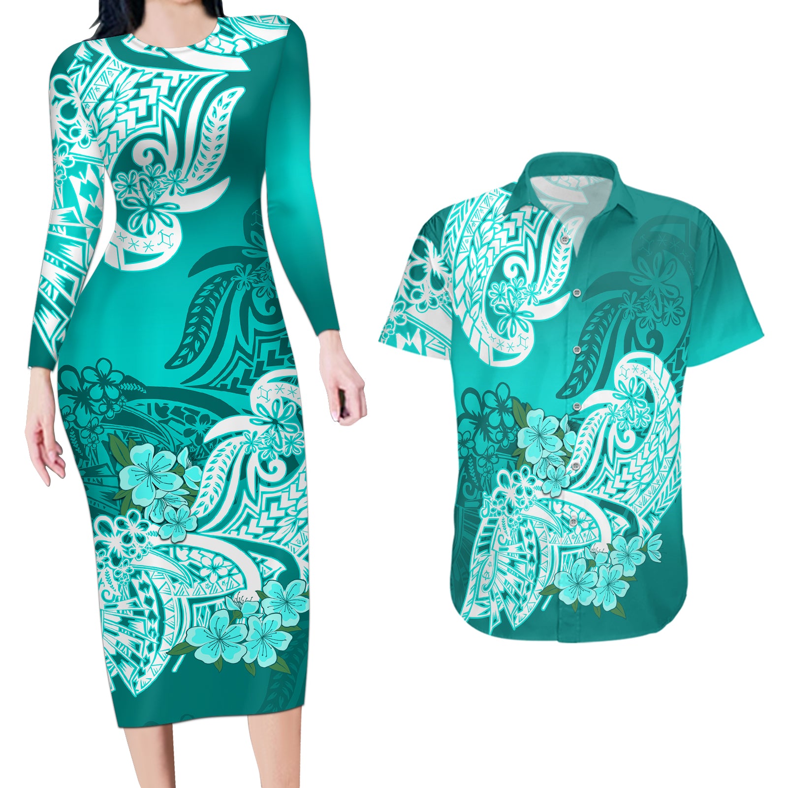 Polynesian Couples Matching Long Sleeve Bodycon Dress and Hawaiian Shirt Pacific Flower Mix Floral Tribal Tattoo Turquoise Vibe LT9 Turquoise - Polynesian Pride