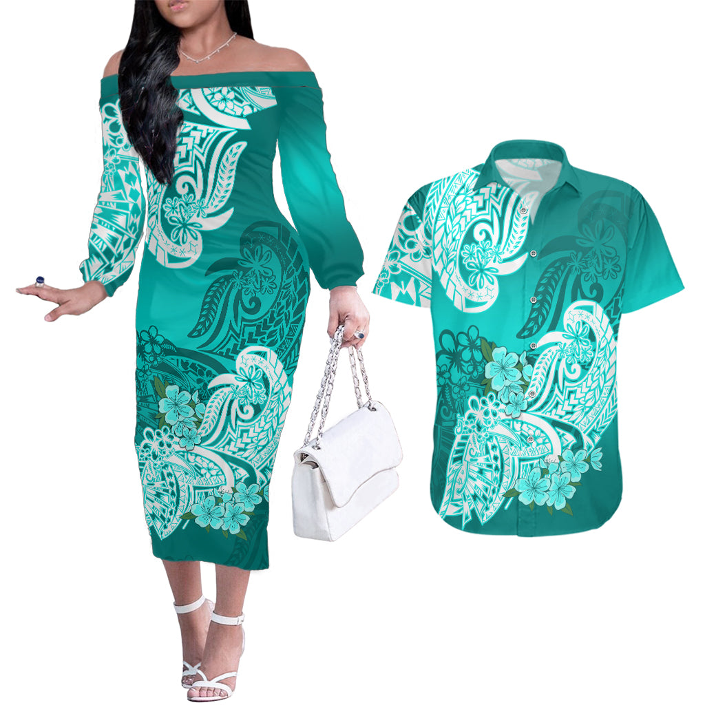 Polynesian Couples Matching Off The Shoulder Long Sleeve Dress and Hawaiian Shirt Pacific Flower Mix Floral Tribal Tattoo Turquoise Vibe LT9 Turquoise - Polynesian Pride