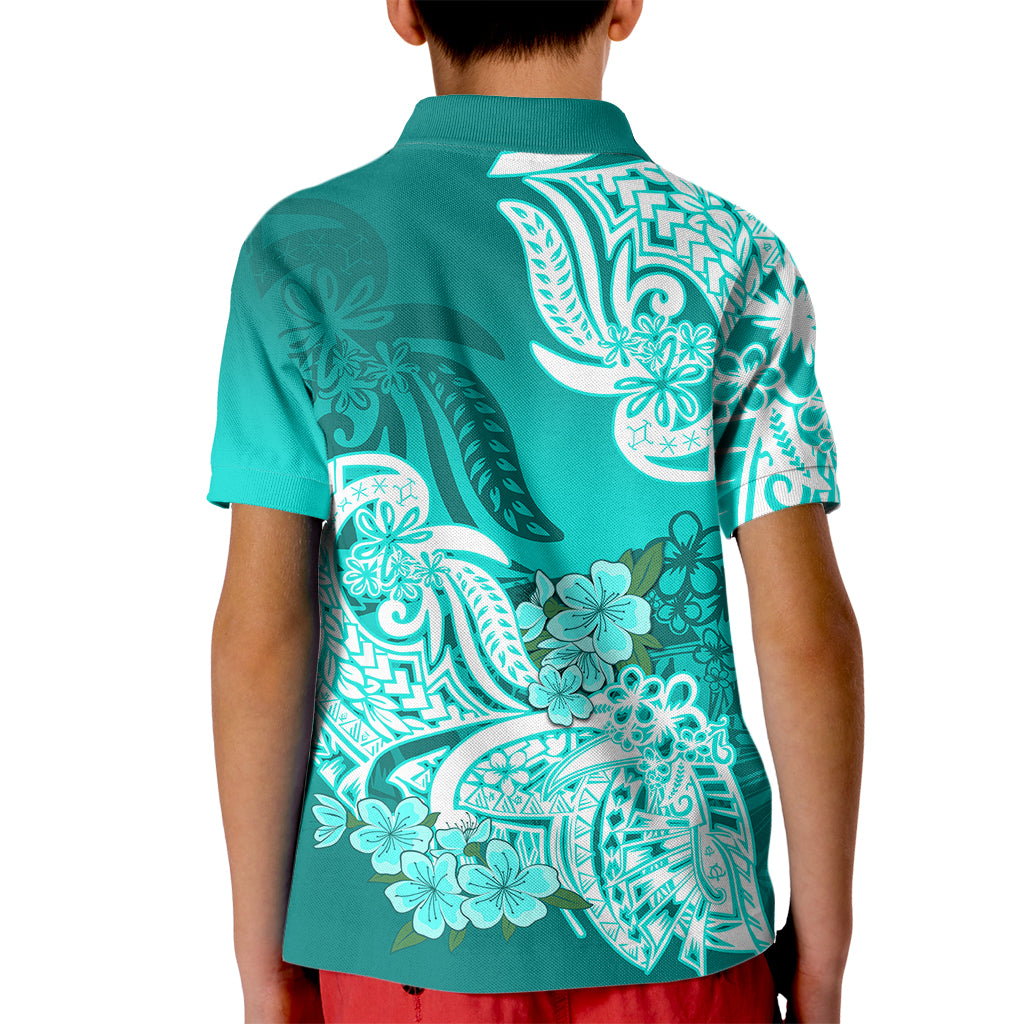 Polynesian Kid Polo Shirt Pacific Flower Mix Floral Tribal Tattoo Turquoise Vibe LT9 - Polynesian Pride