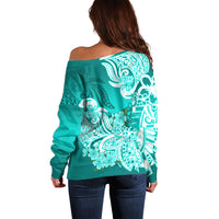Polynesian Off Shoulder Sweater Pacific Flower Mix Floral Tribal Tattoo Turquoise Vibe LT9 - Polynesian Pride