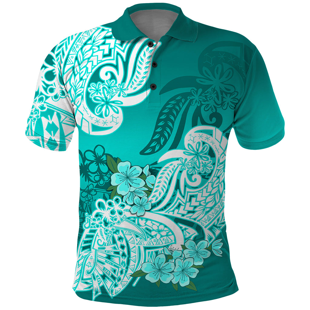 Polynesian Polo Shirt Pacific Flower Mix Floral Tribal Tattoo Turquoise Vibe LT9 Turquoise - Polynesian Pride