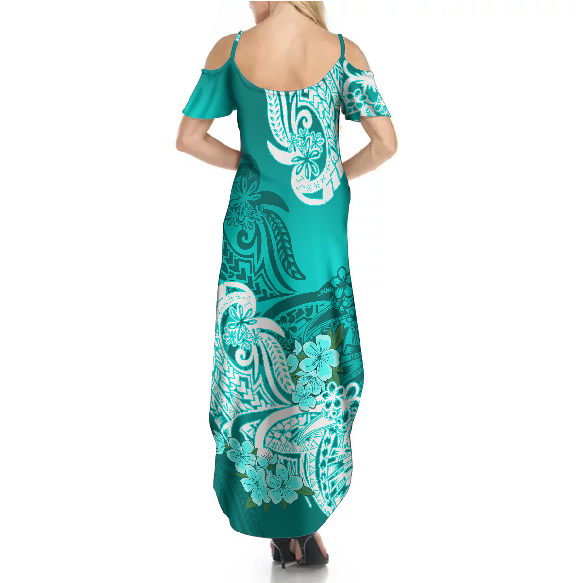 Polynesian Summer Maxi Dress Pacific Flower Mix Floral Tribal Tattoo Turquoise Vibe LT9 - Polynesian Pride