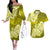 Polynesian Couples Matching Off The Shoulder Long Sleeve Dress and Hawaiian Shirt Pacific Flower Mix Floral Tribal Tattoo Yellow Vibe LT9 Yellow - Polynesian Pride