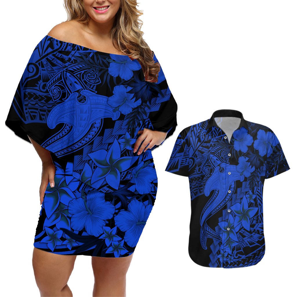 Aloha Hawaii Couples Matching Off Shoulder Short Dress and Hawaiian Shirt Hammerhead Shark Tattoo Polynesian Summer - Blue LT9 Blue - Polynesian Pride