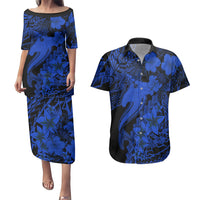 Aloha Hawaii Couples Matching Puletasi Dress and Hawaiian Shirt Hammerhead Shark Tattoo Polynesian Summer - Blue LT9 Blue - Polynesian Pride