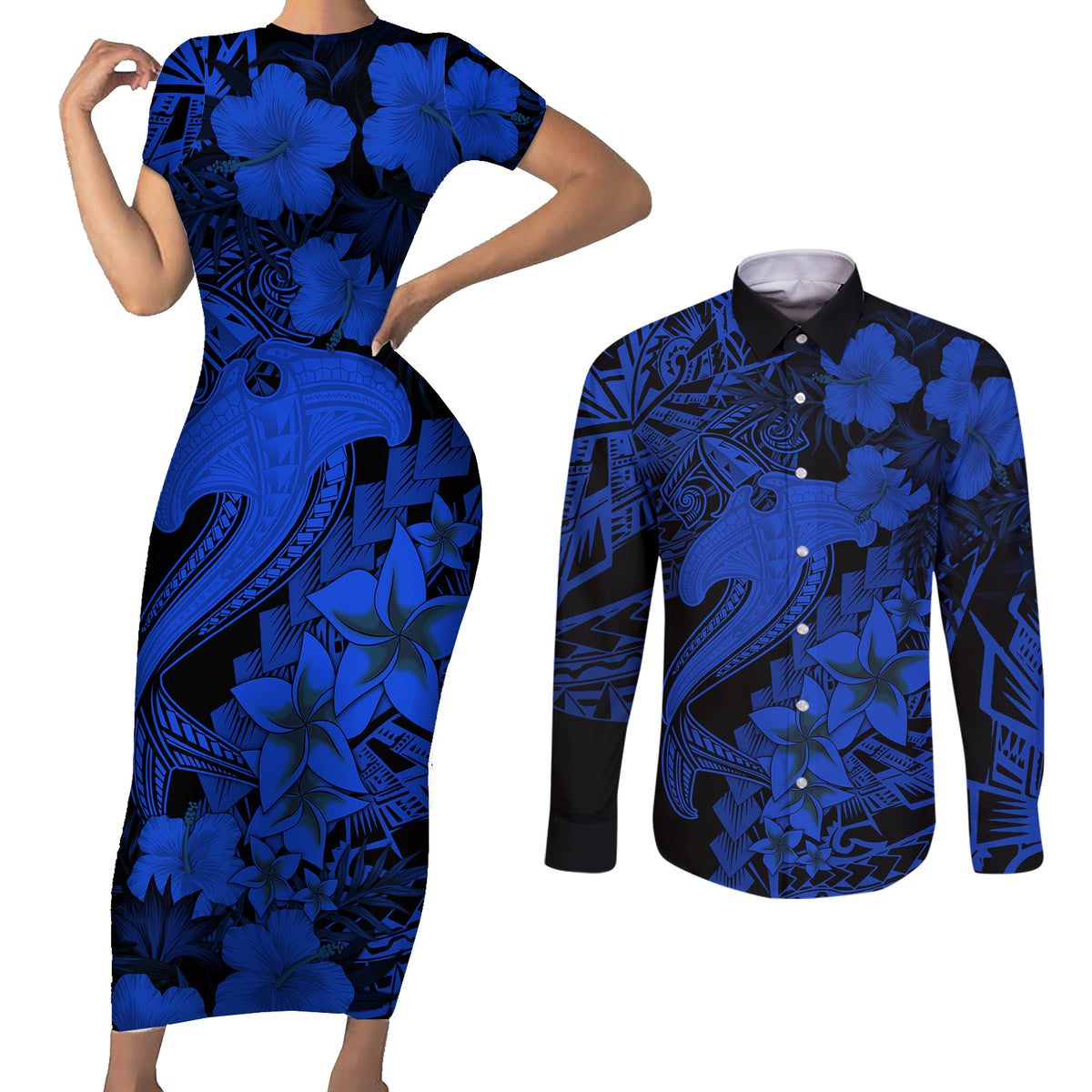 Aloha Hawaii Couples Matching Short Sleeve Bodycon Dress and Long Sleeve Button Shirts Hammerhead Shark Tattoo Polynesian Summer - Blue LT9 Blue - Polynesian Pride