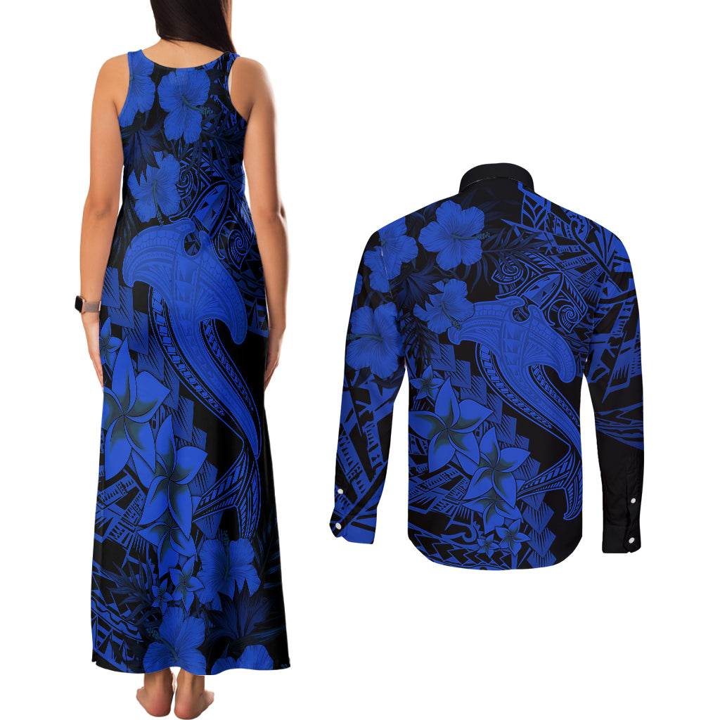 Aloha Hawaii Couples Matching Tank Maxi Dress and Long Sleeve Button Shirts Hammerhead Shark Tattoo Polynesian Summer - Blue LT9 - Polynesian Pride