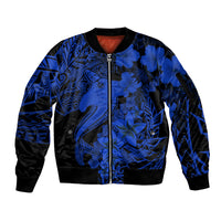 Aloha Hawaii Sleeve Zip Bomber Jacket Hammerhead Shark Tattoo Polynesian Summer - Blue LT9 Unisex Blue - Polynesian Pride