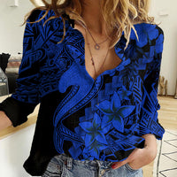 Aloha Hawaii Women Casual Shirt Hammerhead Shark Tattoo Polynesian Summer - Blue LT9 Female Blue - Polynesian Pride