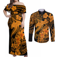 Aloha Hawaii Couples Matching Off Shoulder Maxi Dress and Long Sleeve Button Shirts Hammerhead Shark Tattoo Polynesian Summer - Gold LT9 Gold - Polynesian Pride
