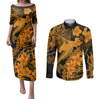 Aloha Hawaii Couples Matching Puletasi Dress and Long Sleeve Button Shirts Hammerhead Shark Tattoo Polynesian Summer - Gold LT9 Gold - Polynesian Pride