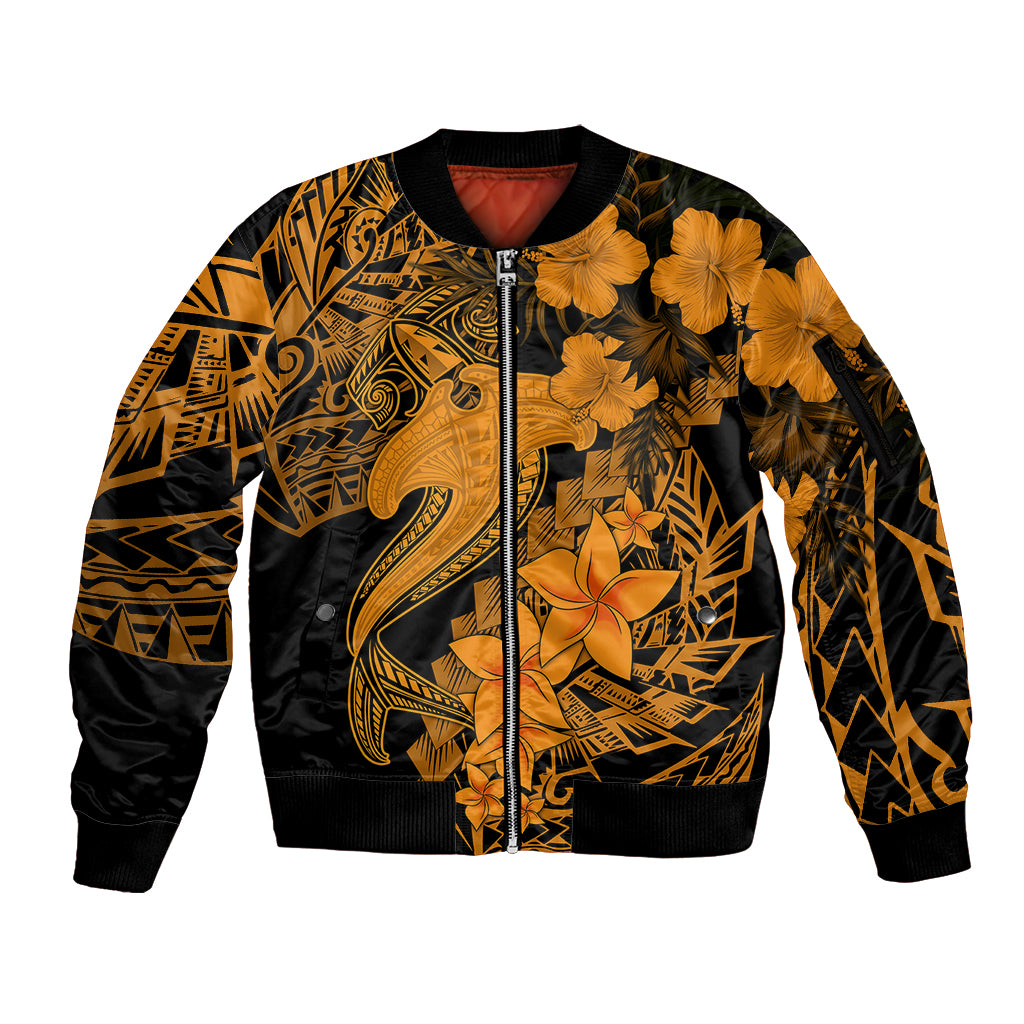 Aloha Hawaii Sleeve Zip Bomber Jacket Hammerhead Shark Tattoo Polynesian Summer - Gold LT9 Unisex Gold - Polynesian Pride