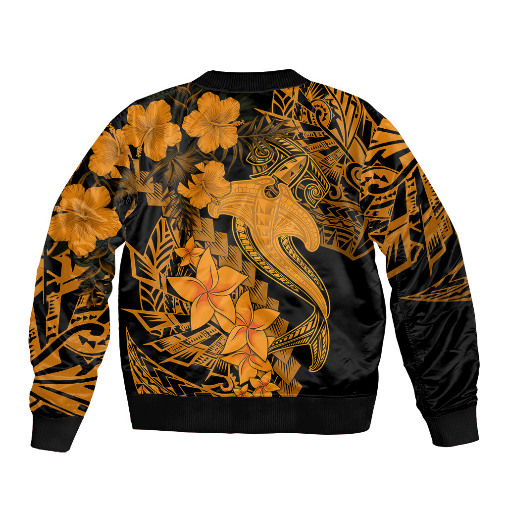 Aloha Hawaii Sleeve Zip Bomber Jacket Hammerhead Shark Tattoo Polynesian Summer - Gold LT9 - Polynesian Pride