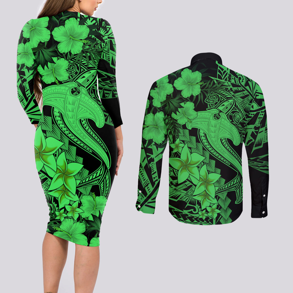 Aloha Hawaii Couples Matching Long Sleeve Bodycon Dress and Long Sleeve Button Shirts Hammerhead Shark Tattoo Polynesian Summer - Green LT9 - Polynesian Pride