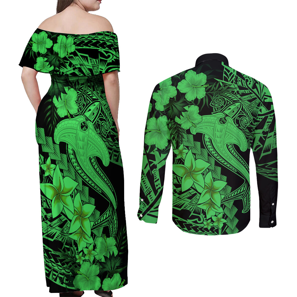 Aloha Hawaii Couples Matching Off Shoulder Maxi Dress and Long Sleeve Button Shirts Hammerhead Shark Tattoo Polynesian Summer - Green LT9 - Polynesian Pride
