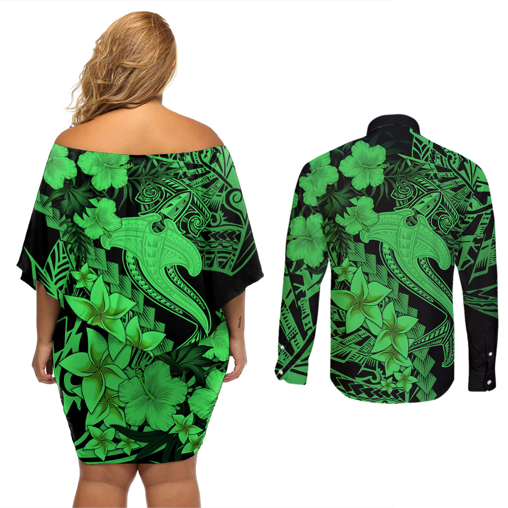 Aloha Hawaii Couples Matching Off Shoulder Short Dress and Long Sleeve Button Shirts Hammerhead Shark Tattoo Polynesian Summer - Green LT9 - Polynesian Pride