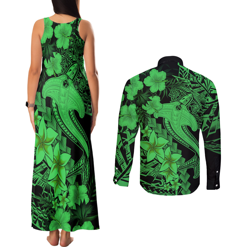 Aloha Hawaii Couples Matching Tank Maxi Dress and Long Sleeve Button Shirts Hammerhead Shark Tattoo Polynesian Summer - Green LT9 - Polynesian Pride