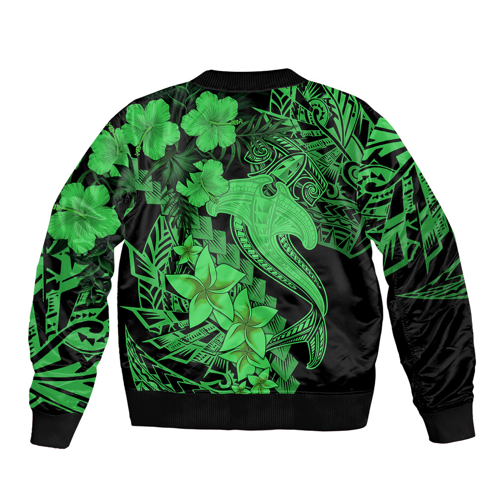 Aloha Hawaii Sleeve Zip Bomber Jacket Hammerhead Shark Tattoo Polynesian Summer - Green LT9 - Polynesian Pride