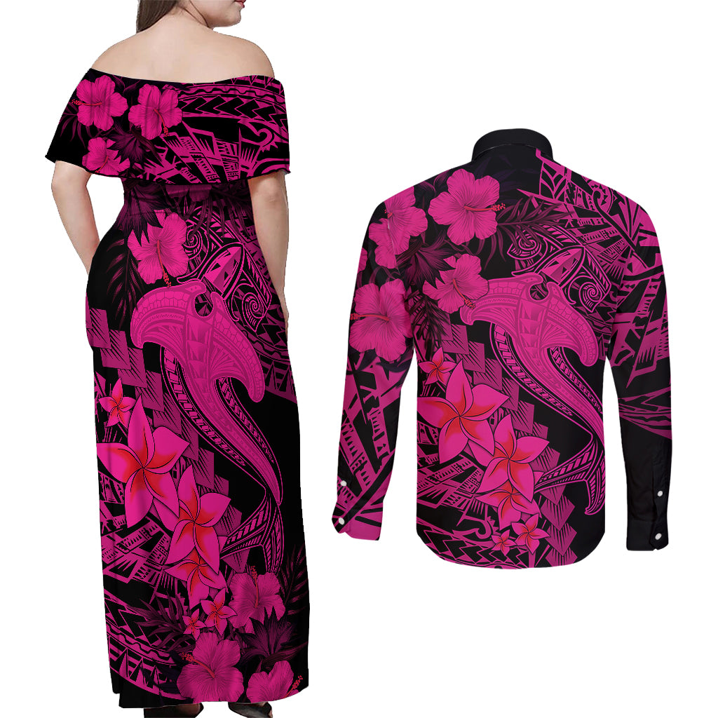 Aloha Hawaii Couples Matching Off Shoulder Maxi Dress and Long Sleeve Button Shirts Hammerhead Shark Tattoo Polynesian Summer - Pink LT9 - Polynesian Pride