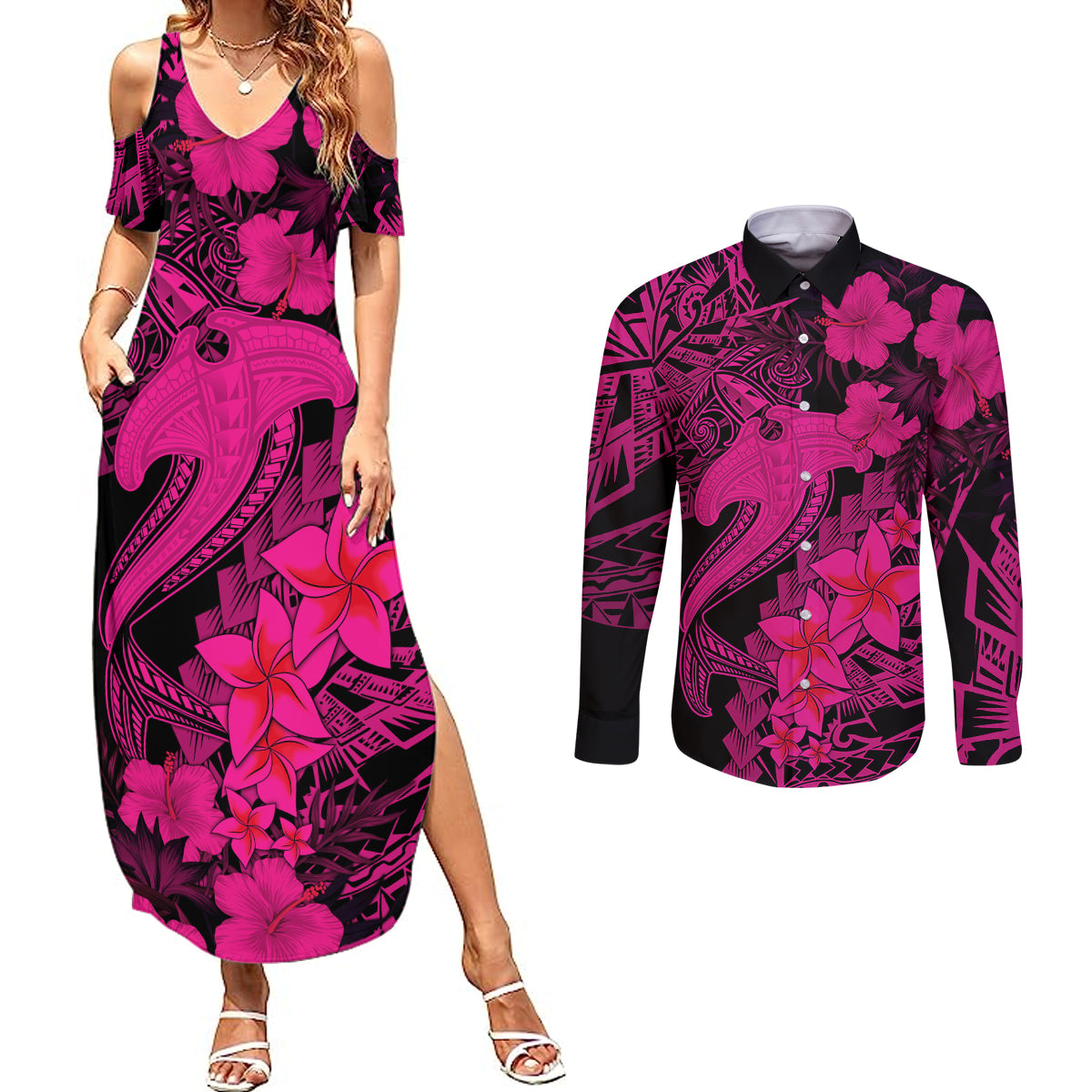 Aloha Hawaii Couples Matching Summer Maxi Dress and Long Sleeve Button Shirts Hammerhead Shark Tattoo Polynesian Summer - Pink LT9 Pink - Polynesian Pride