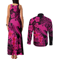 Aloha Hawaii Couples Matching Tank Maxi Dress and Long Sleeve Button Shirts Hammerhead Shark Tattoo Polynesian Summer - Pink LT9 - Polynesian Pride