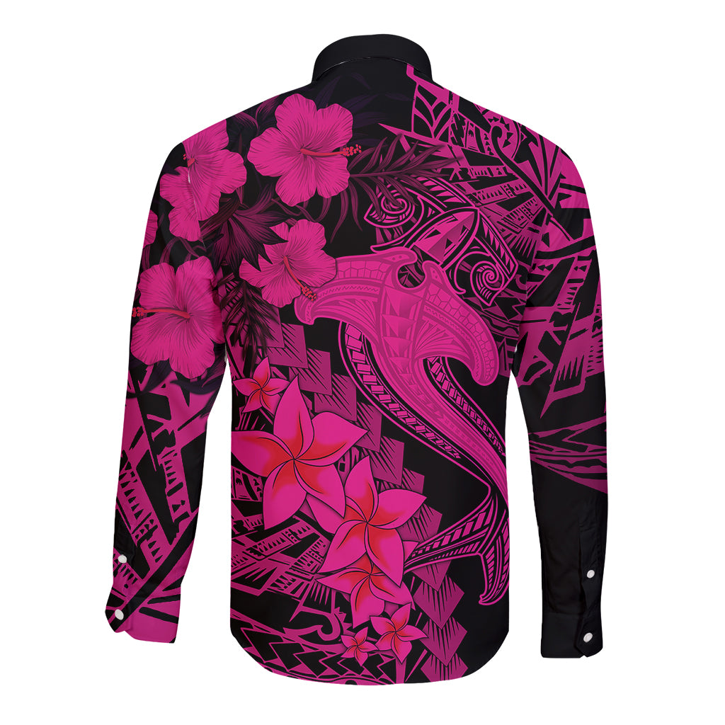 Aloha Hawaii Long Sleeve Button Shirt Hammerhead Shark Tattoo Polynesian Summer - Pink LT9 - Polynesian Pride