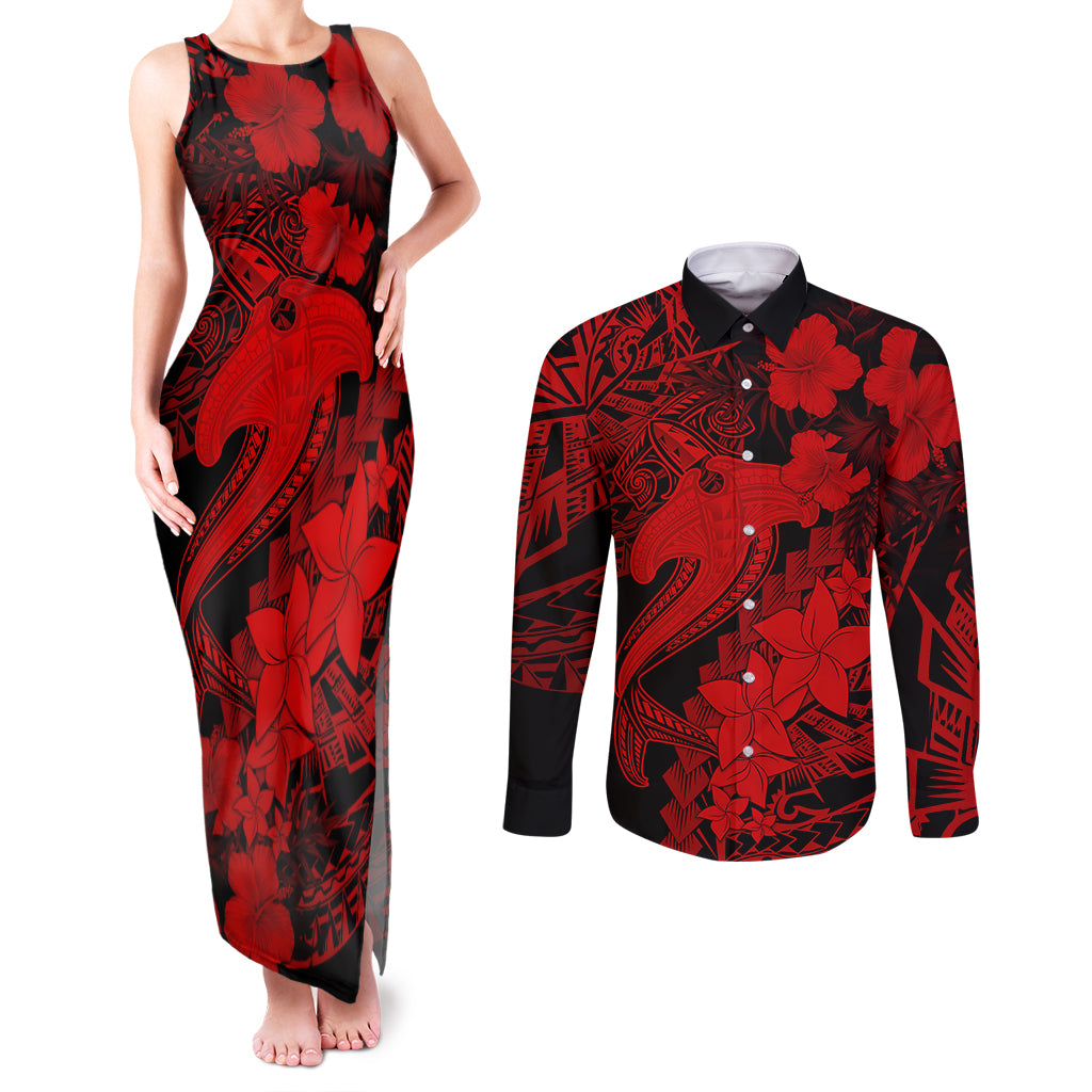 Aloha Hawaii Couples Matching Tank Maxi Dress and Long Sleeve Button Shirts Hammerhead Shark Tattoo Polynesian Summer - Red LT9 Red - Polynesian Pride