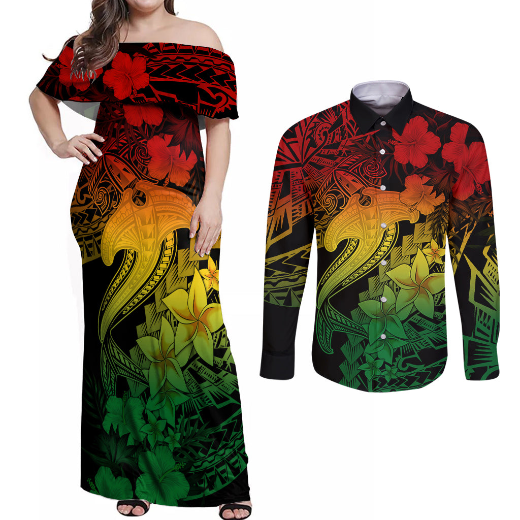 Aloha Hawaii Couples Matching Off Shoulder Maxi Dress and Long Sleeve Button Shirts Hammerhead Shark Tattoo Polynesian Summer - Reggae LT9 Reggae - Polynesian Pride