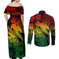 Aloha Hawaii Couples Matching Off Shoulder Maxi Dress and Long Sleeve Button Shirts Hammerhead Shark Tattoo Polynesian Summer - Reggae LT9 - Polynesian Pride