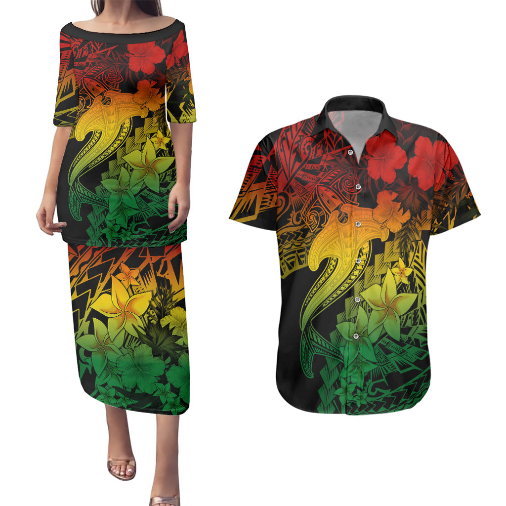 Aloha Hawaii Couples Matching Puletasi Dress and Hawaiian Shirt Hammerhead Shark Tattoo Polynesian Summer - Reggae LT9 Reggae - Polynesian Pride