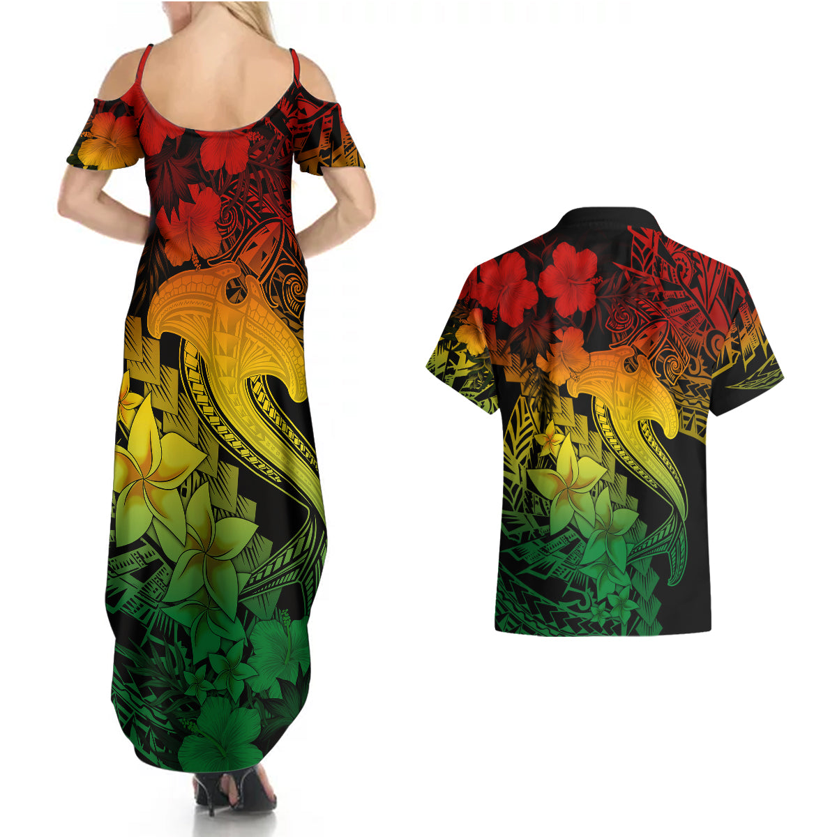 Aloha Hawaii Couples Matching Summer Maxi Dress and Hawaiian Shirt Hammerhead Shark Tattoo Polynesian Summer - Reggae LT9 - Polynesian Pride